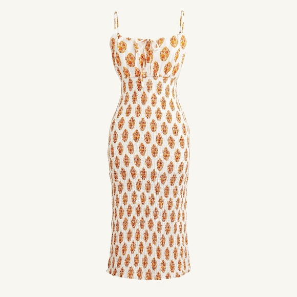 J. Crew Smocked Linen Midi Dress Gathered Floral Block Print White Size 10 NEW - Picture 1 of 16